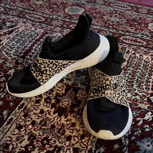 Adidas Black and Tan Leopard Slip-On Sneakers